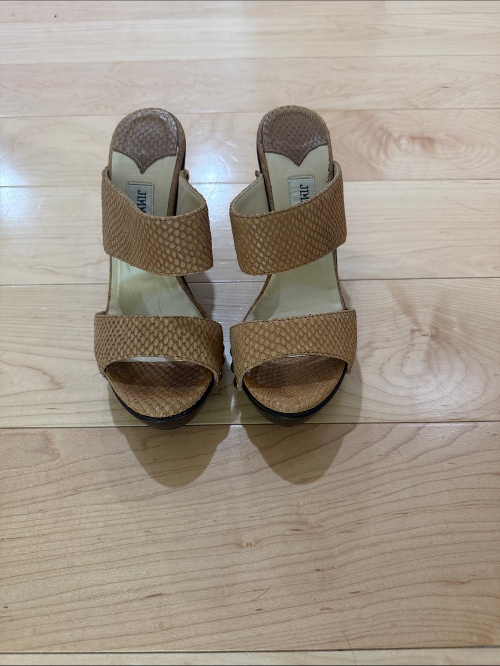 Jimmy Choo Tan Snake-Embossed Double-Strap Slide Heels